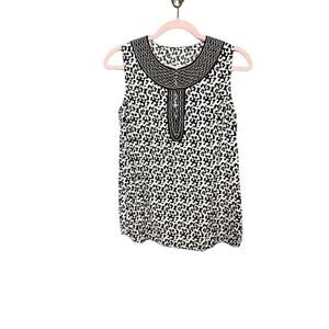 Keyhole Office Tank Top Print Black White Basic Embroidered Formal Casual Sz M/L